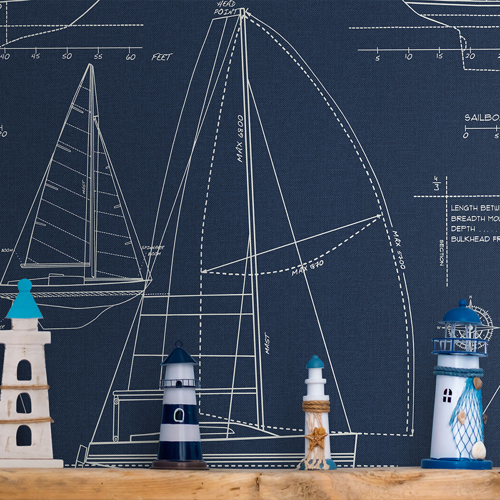 Sail Away Wallpaper - Navy Blue - by Etten