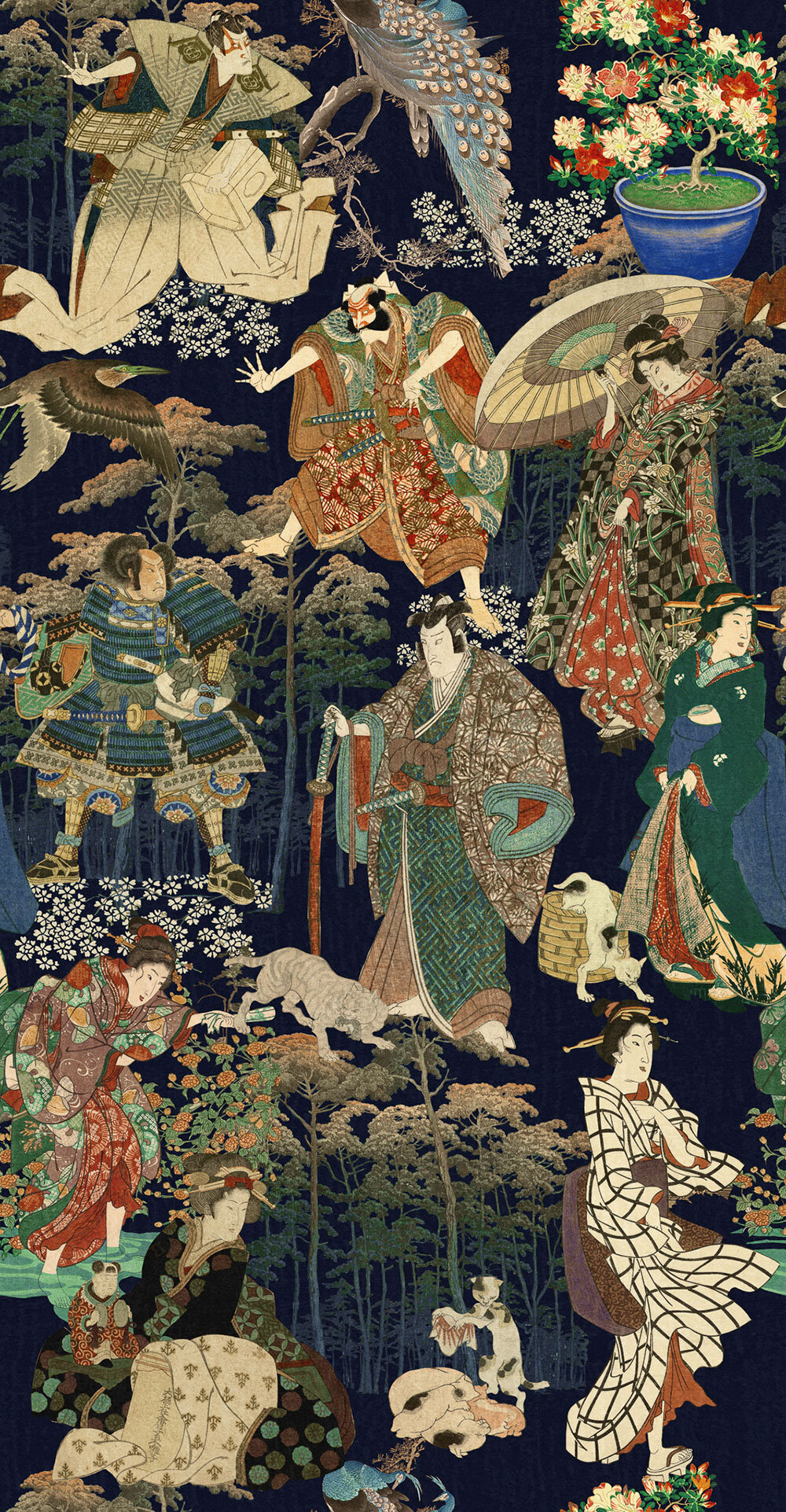 Samurai and Geisha Mural - Green/Brown/Blue/Taupe - by Mind the Gap