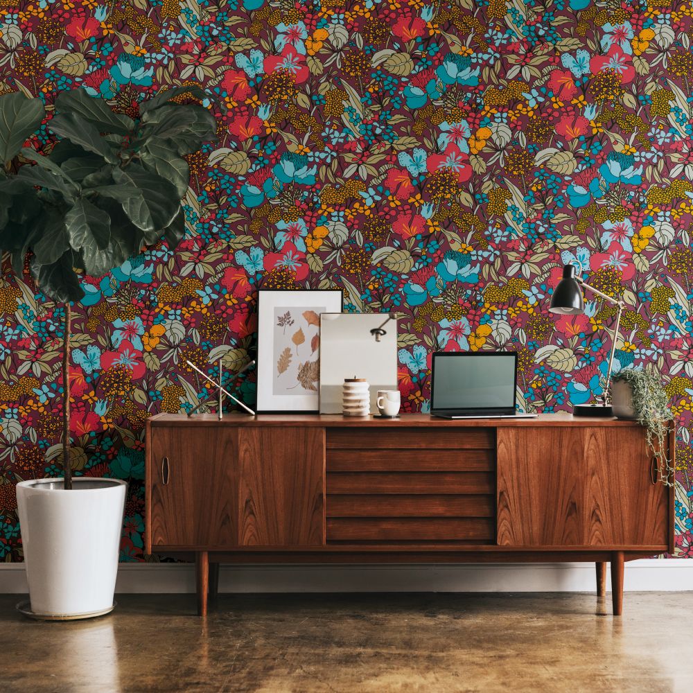 Flowerbed Wallpaper - Burgundy / Multi - by Architects Paper