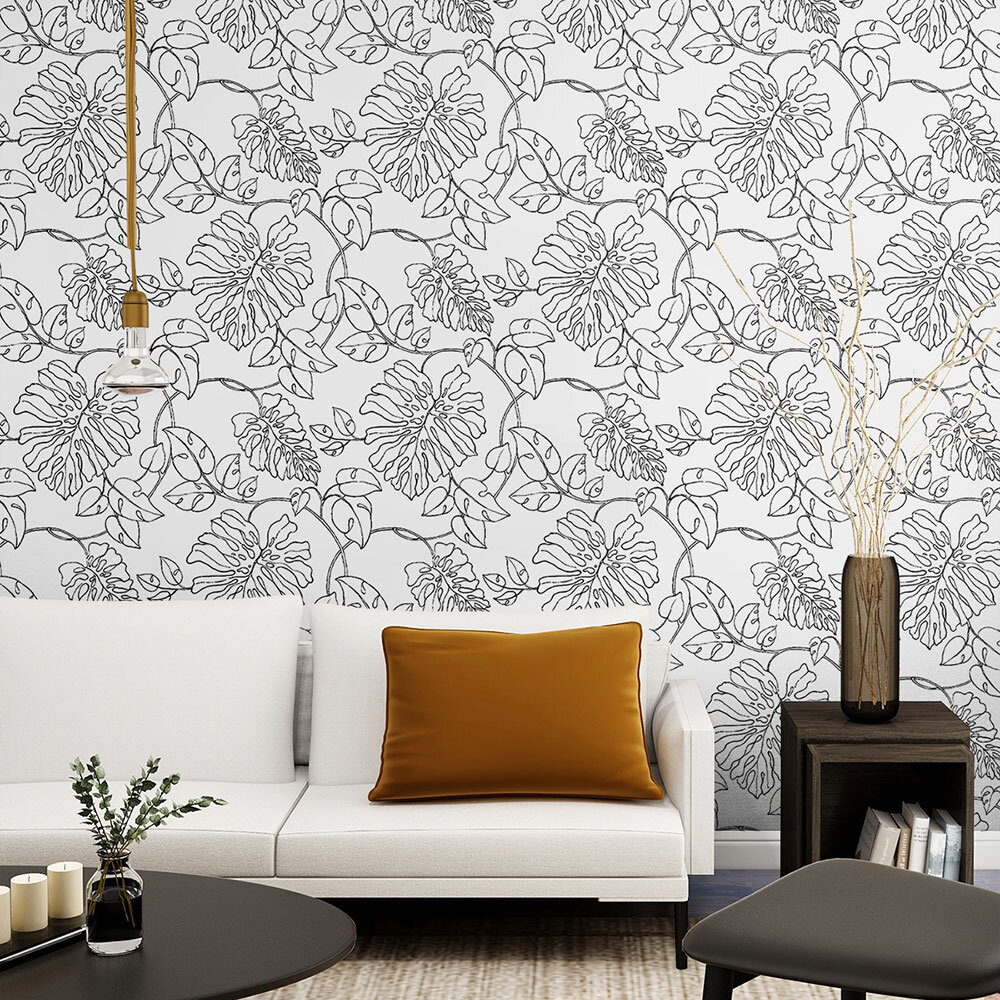 Linear Leaf Wallpaper - Black/White - by NextWall