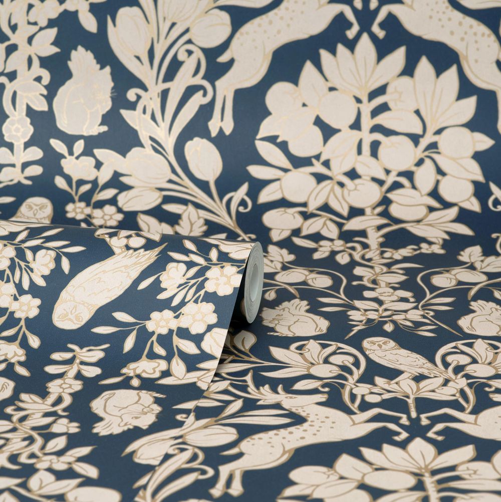 Woodland Wallpaper - Blue / Gold - by Crown