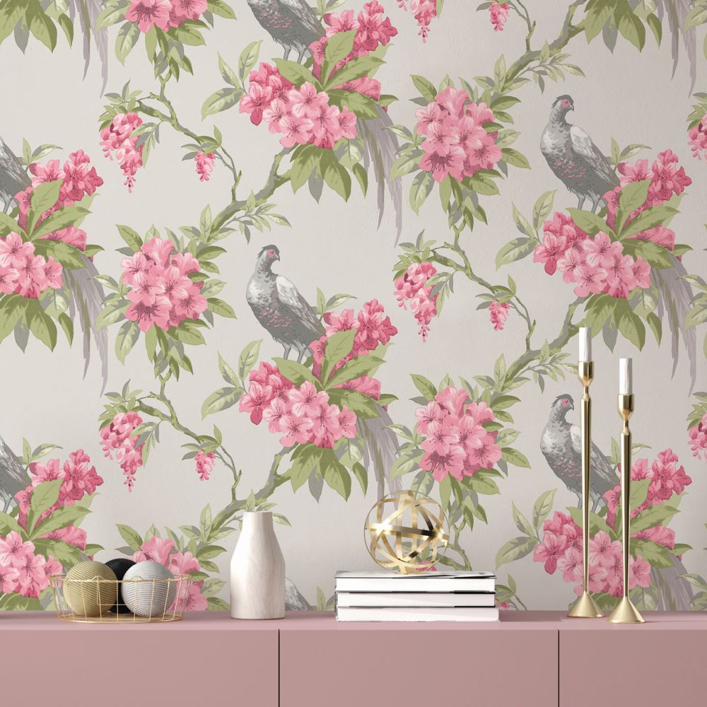 Golden Pheasant Wallpaper - Grey / Pink - by Crown