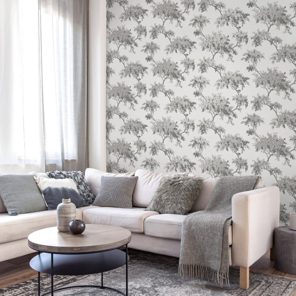 Tree Wallpaper - Grey / White - by Crown