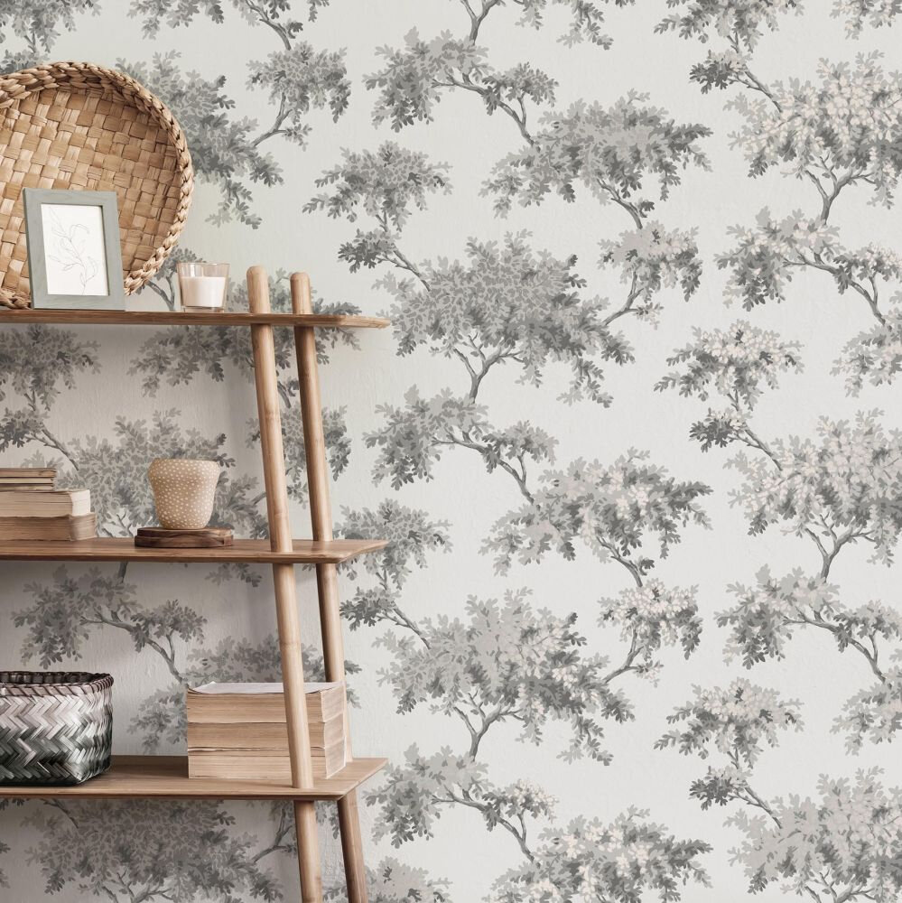 Tree Wallpaper - Grey / White - by Crown