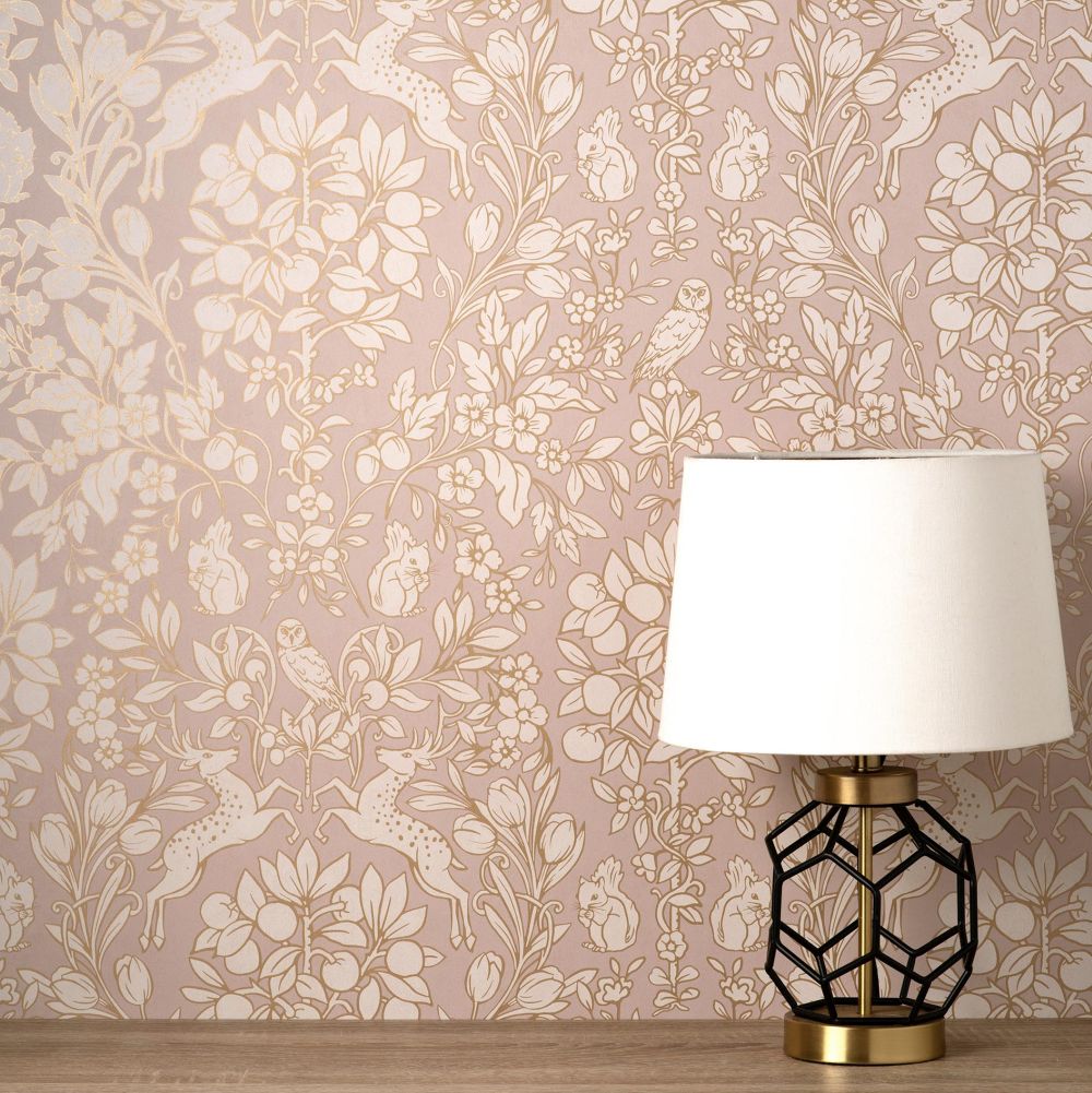 Woodland Wallpaper - Pink / Gold - by Crown