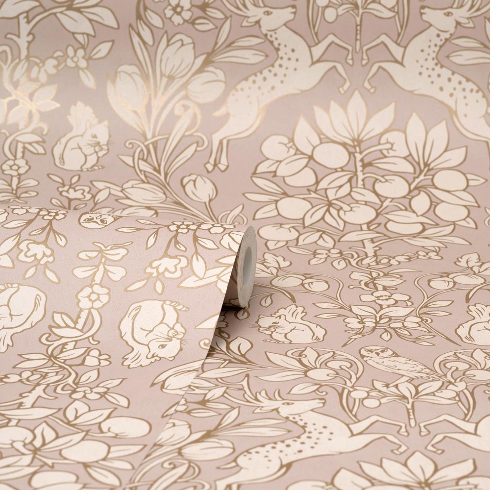 Woodland Wallpaper - Pink / Gold - by Crown