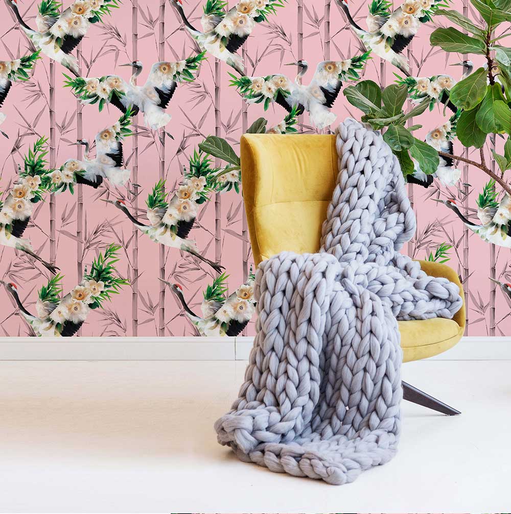 Cranes Wallpaper - Pink - by Lola Design