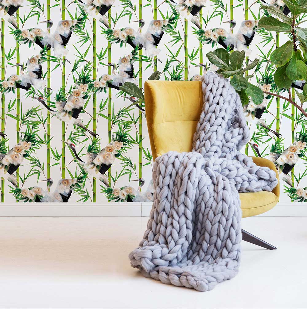 Cranes Wallpaper - White - by Lola Design