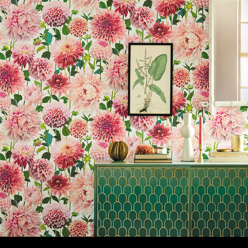Dahlia Wallpaper - Blossom/Emerald/New Beginnings - by Harlequin