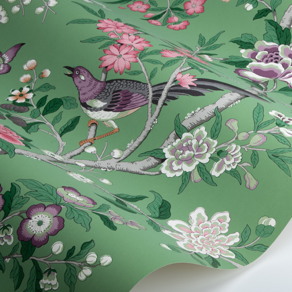Chinoiserie Hall Wallpaper - Chinese Green/Lotus Pink - by Sanderson