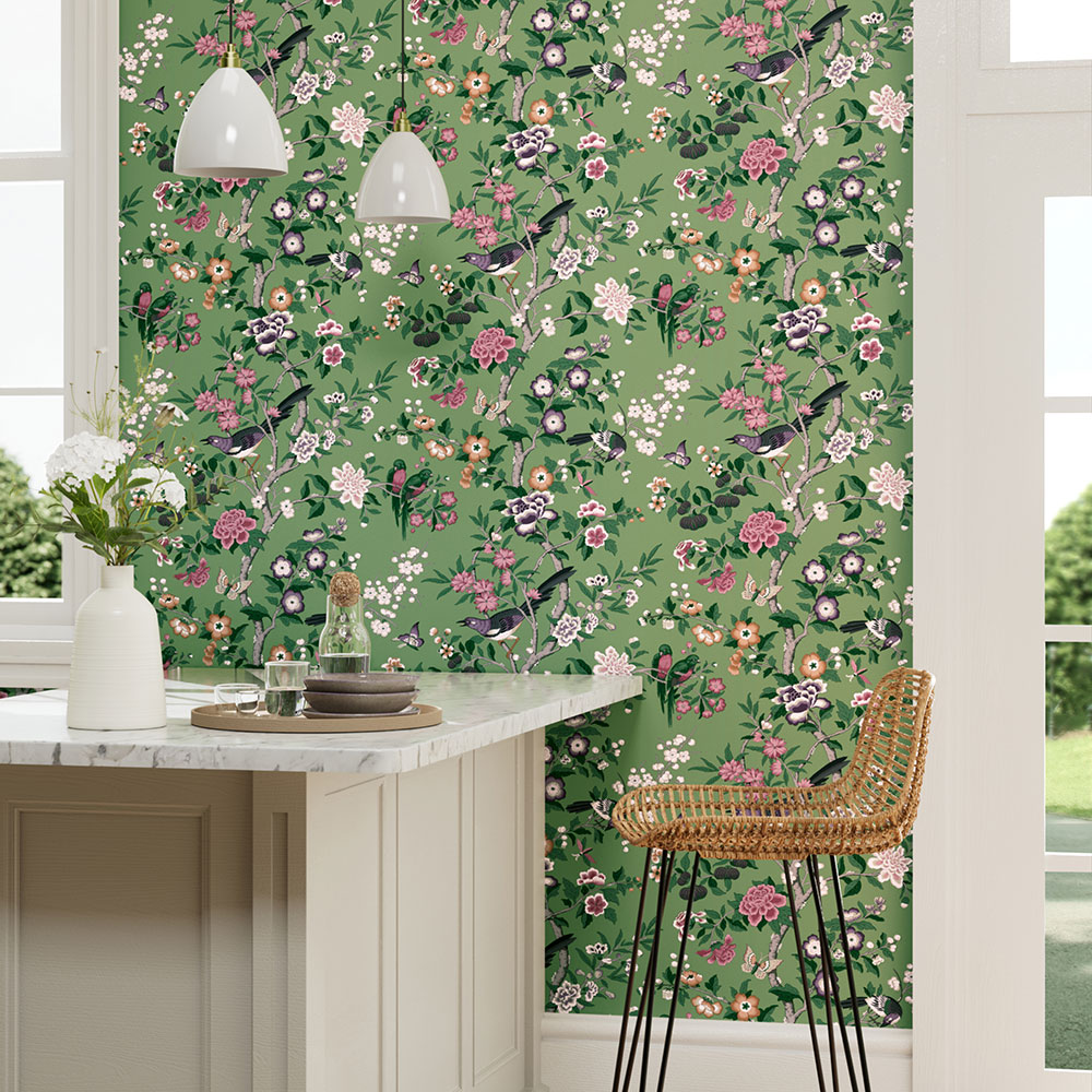 Chinoiserie Hall Wallpaper - Chinese Green/Lotus Pink - by Sanderson
