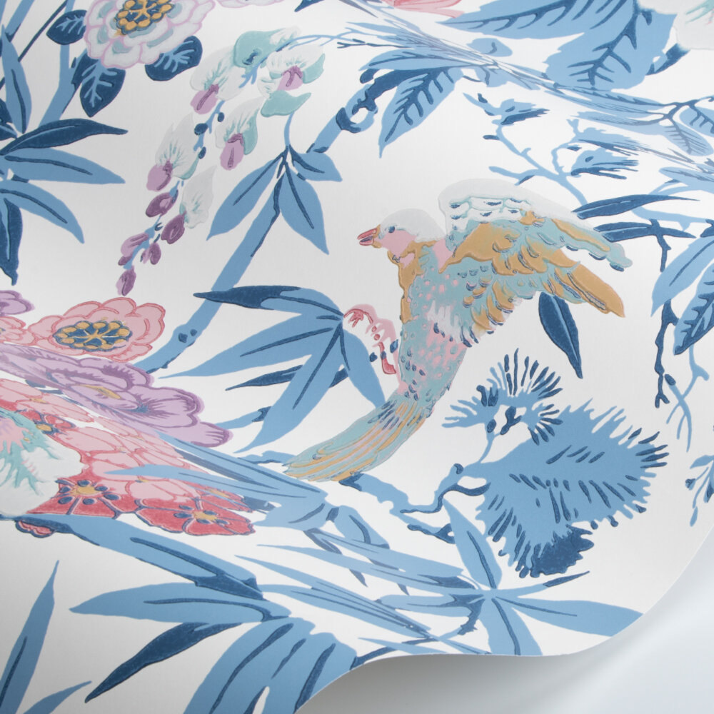 Bamboo & Birds Wallpaper - China Blue /Lotus Pink - by Sanderson
