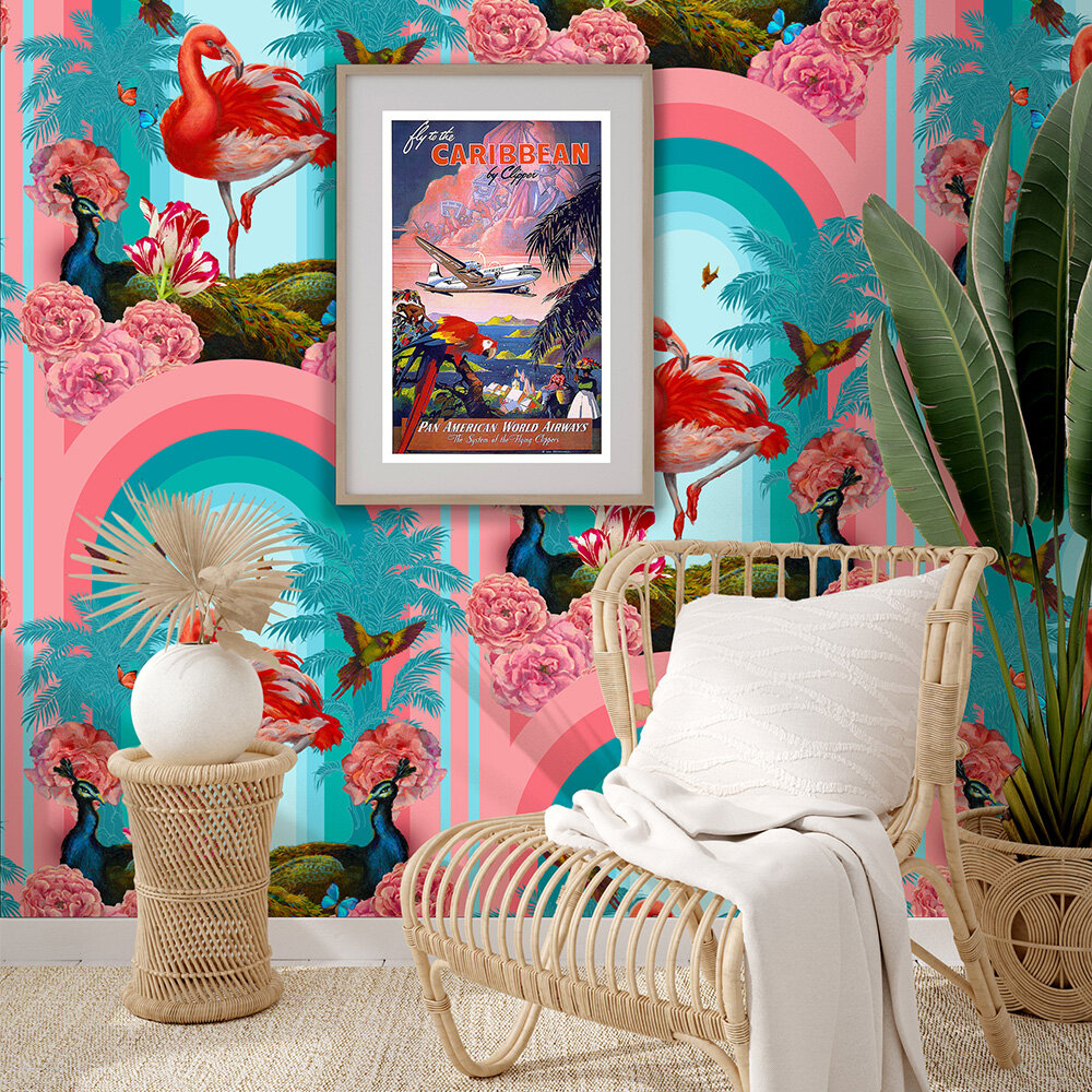Flamingo-go Wallpaper - Pink / Blue - by Laurence Llewelyn-Bowen