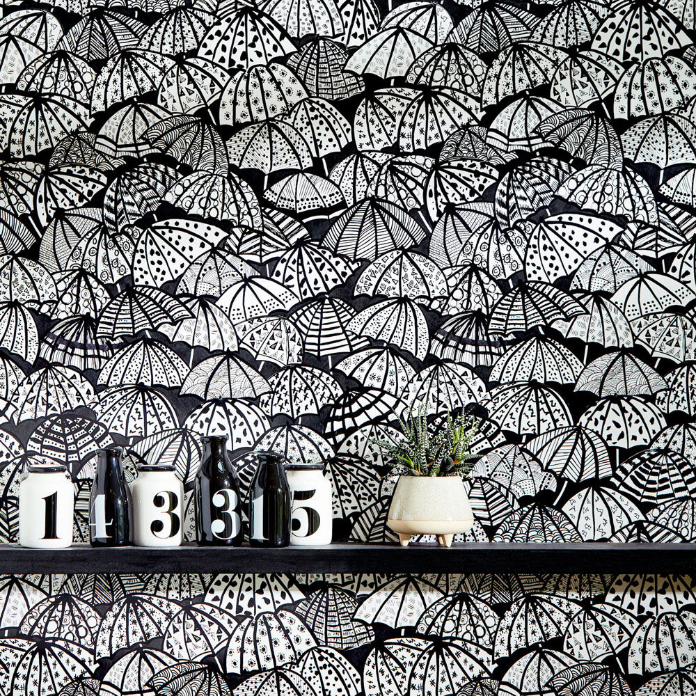 Jolly Brollies Wallpaper - Noir - by Ohpopsi
