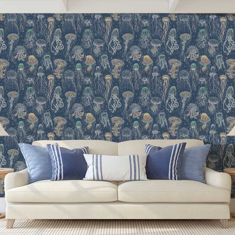 Jellyfish Wallpaper - Midnight Blue - by Kerry Caffyn