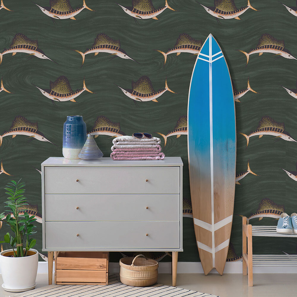 Swordfish Wallpaper - Green - by Kerry Caffyn