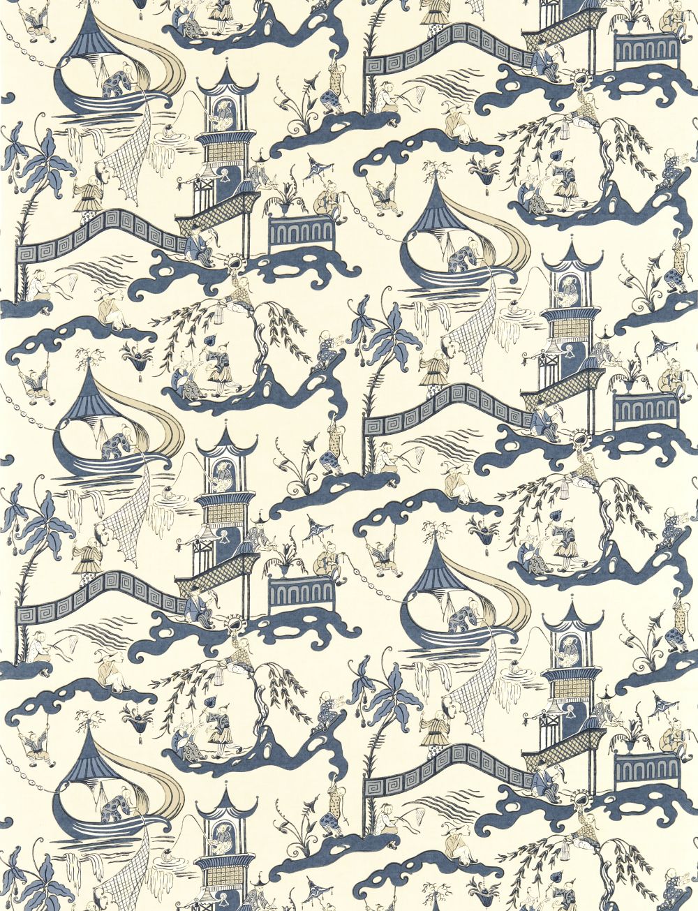 Pagoda River Fabric - Indigo / Blue - by Sanderson