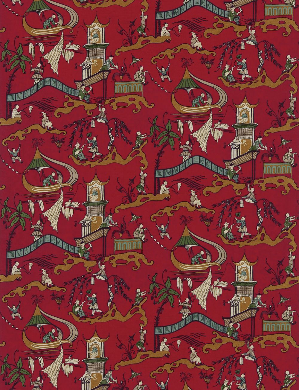 Pagoda River Fabric - Red / Gold - by Sanderson