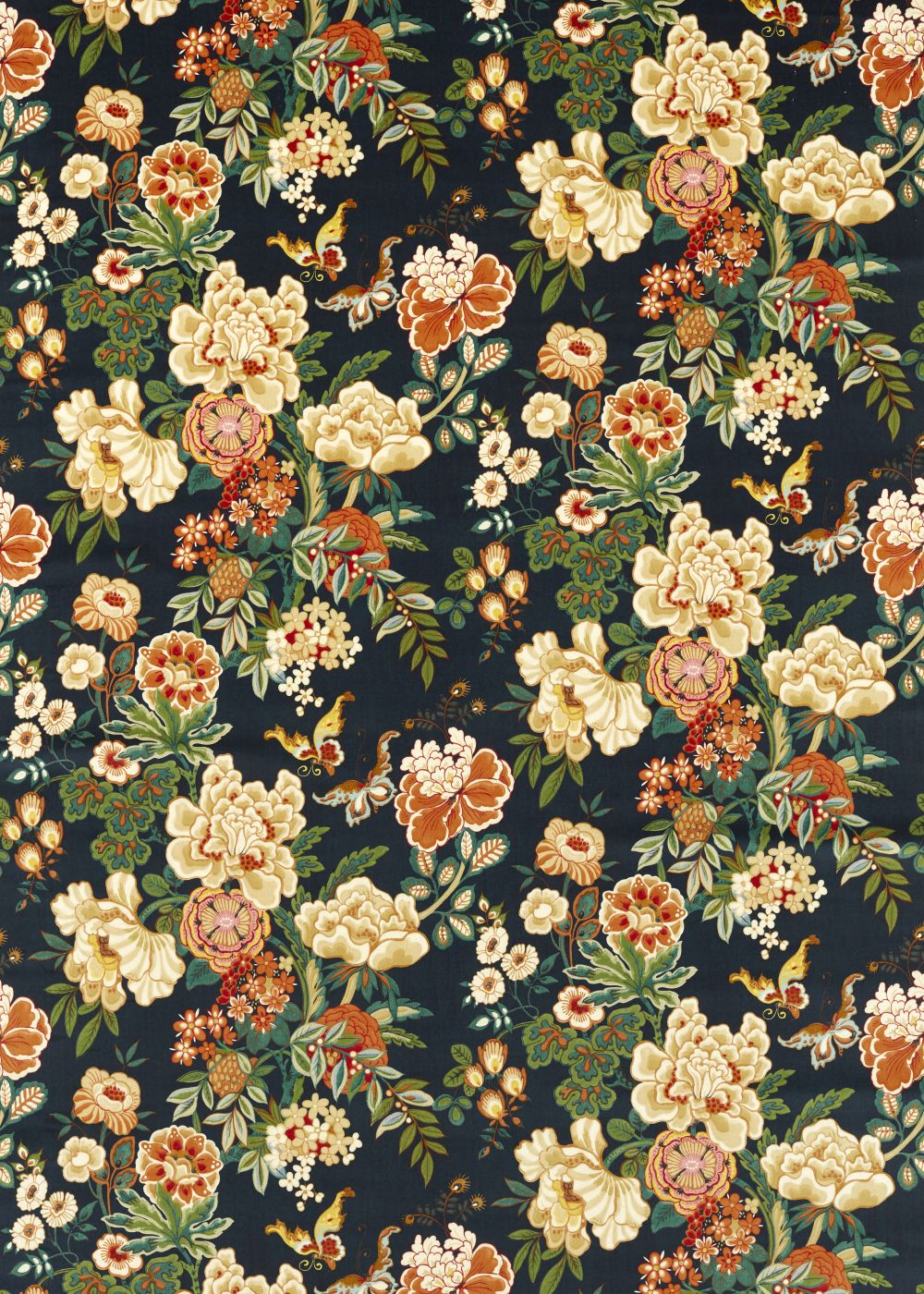 Emperor Peony Fabric - Midnight / Apricot - by Sanderson