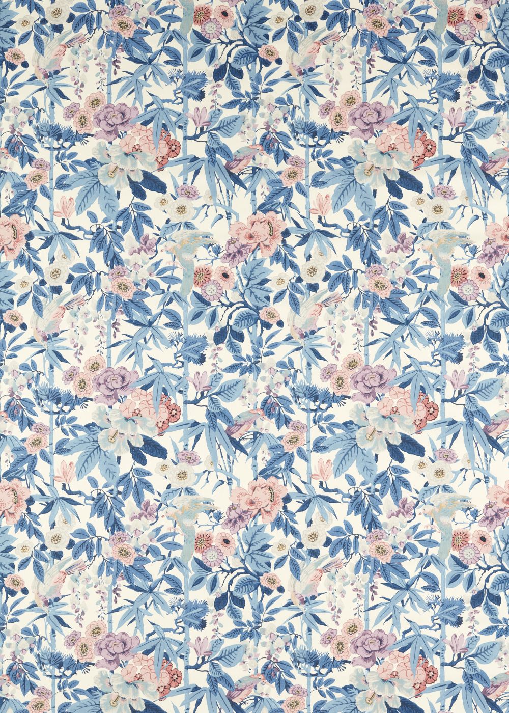 Bamboo & Bird Fabric - China Blue / Lotus Pink - by Sanderson