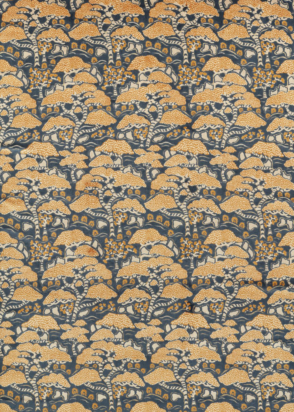 Bonsai & Gingko Velvet Fabric - Midnight / Orange - by Sanderson