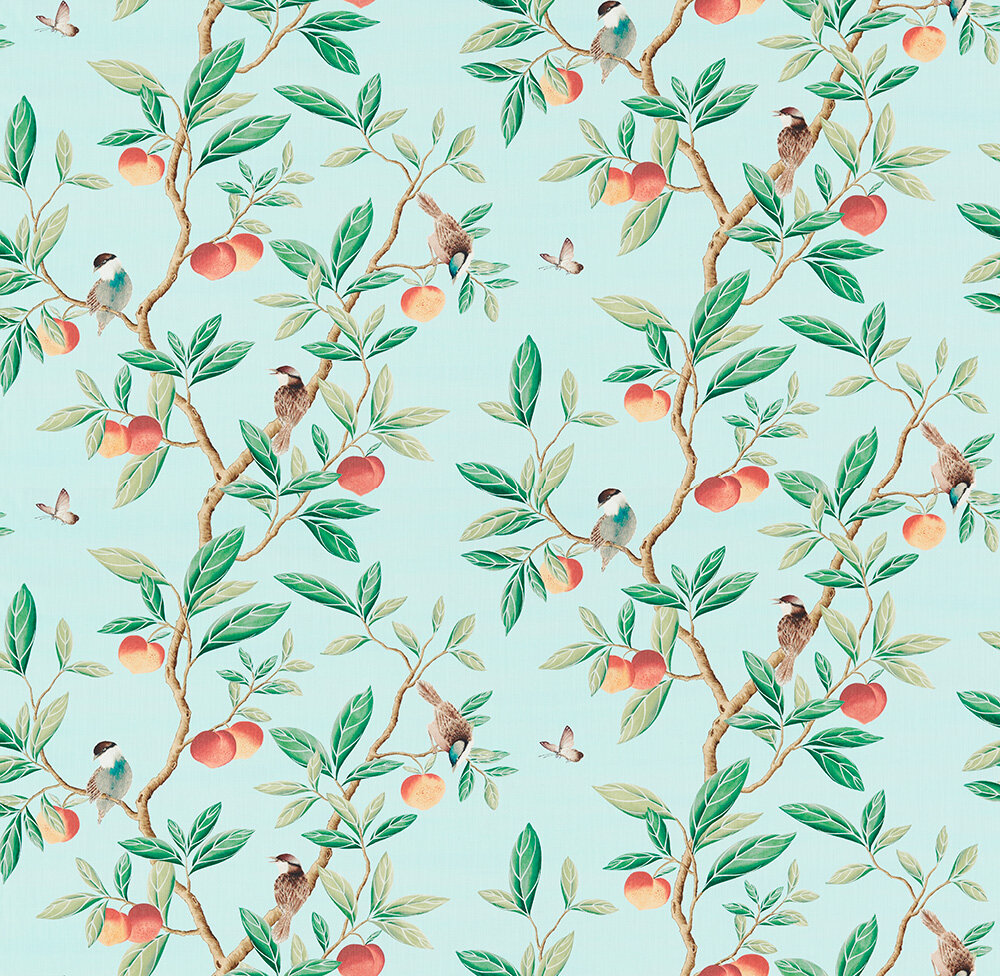 Ella  Fabric - Sky/ Fig Leaf/ Nectarine - by Harlequin