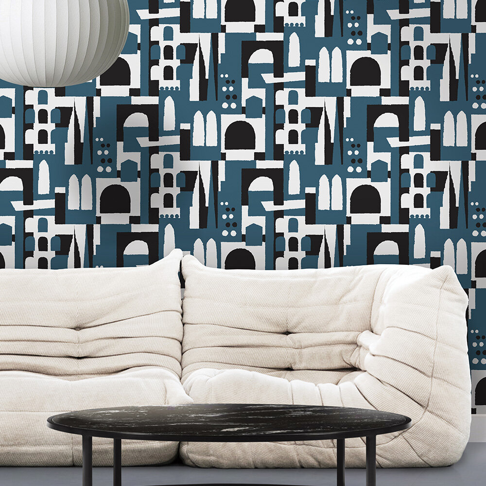 Hey! Manhattan Wallpaper - Washed Denim - by Mini Moderns