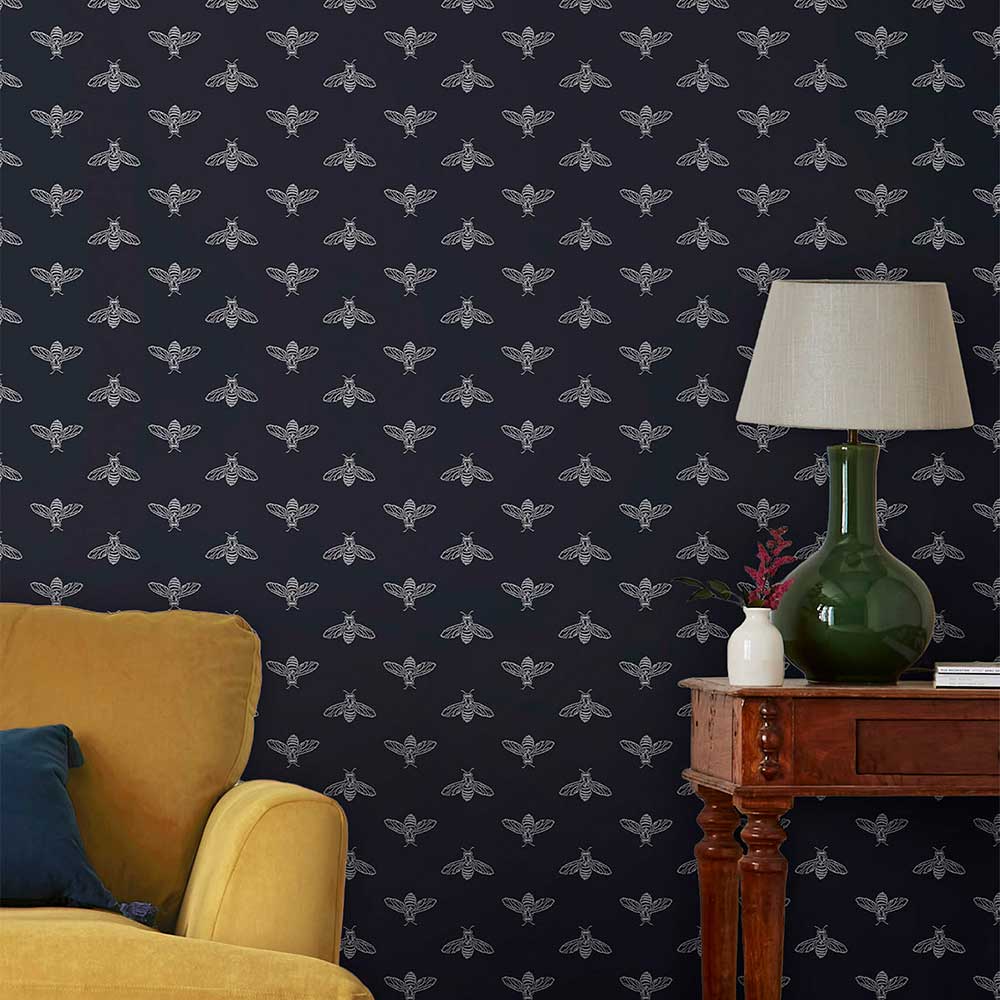 Block Print Bee Wallpaper - French Navy - by Joules
