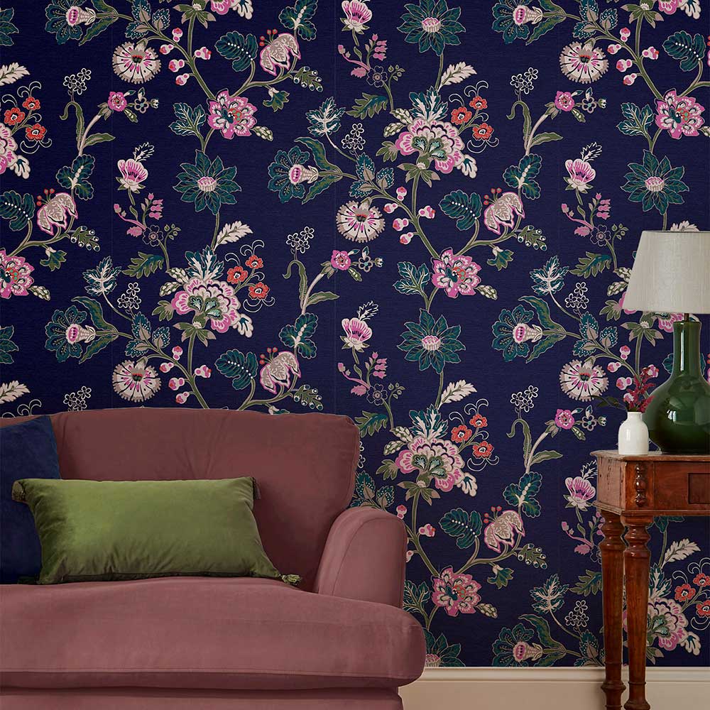 Vine Cottage Floral Wallpaper - Royal Navy - by Joules
