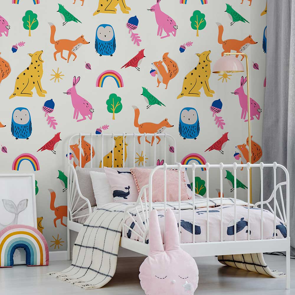 Country Critters Heroes Wallpaper - White/Rainbow - by Joules