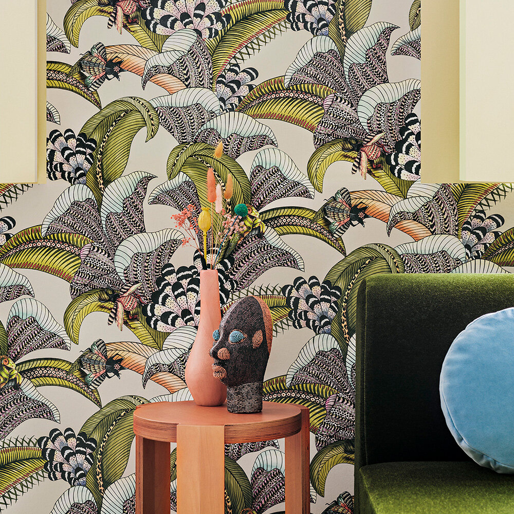 Hoopoe Leaves Wallpaper - Olive, Chartreuse & Fuchsia on Cream - by Cole & Son