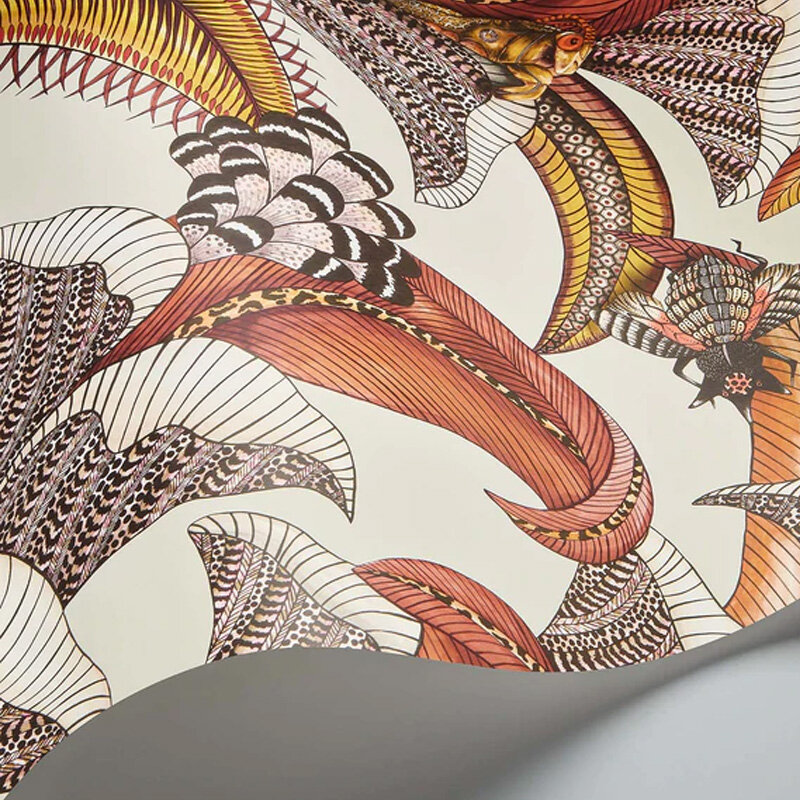 Hoopoe Leaves Wallpaper - Crimson, Canary Yellow & Fuchsia on Stone - by Cole & Son