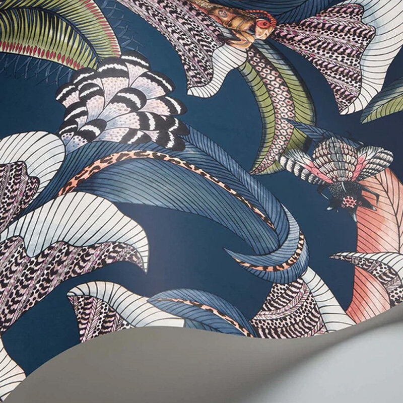 Hoopoe Leaves Wallpaper - Denim, Forest Green & Magenta on Midnight - by Cole & Son