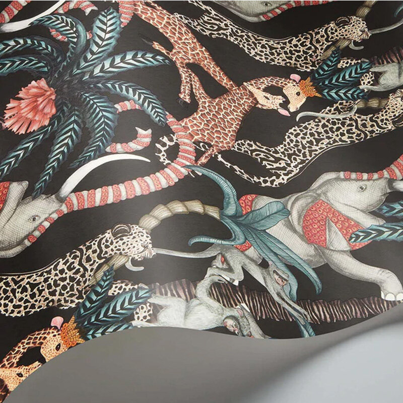 Safari Totem Wallpaper - Ruby & Print Room Blue on Charcoal - by Cole & Son