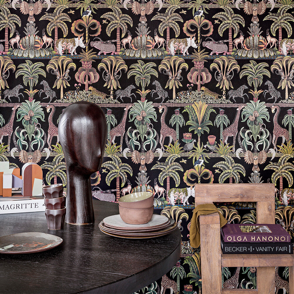Afrika Kingdom Wallpaper - Olive Green & Spring Green on Black - by Cole & Son