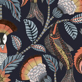 Nene  Wallpaper - Terracotta, Cerulean Blue & Heath Grey on Midnight - by Cole & Son. Click for more details and a description.