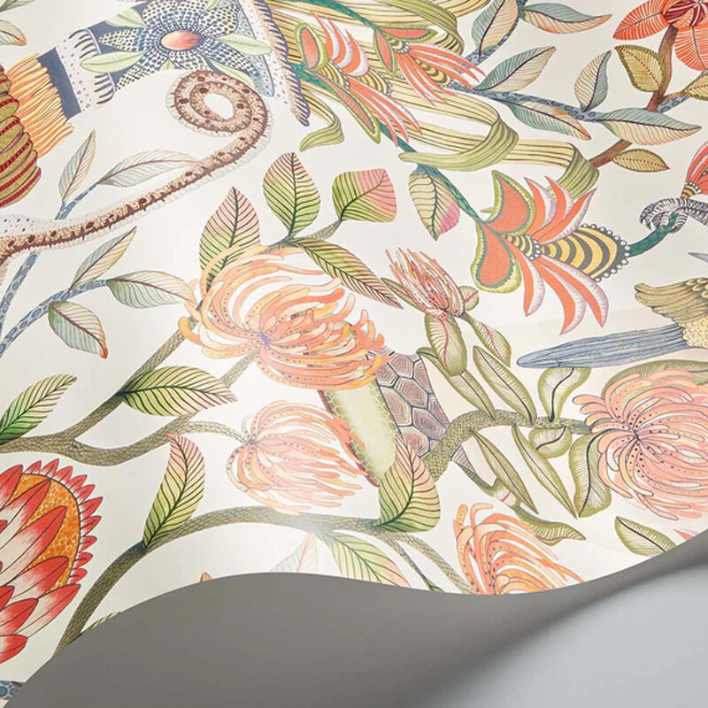 Protea Garden Wallpaper - Olive Green & Tangerine on White - by Cole & Son