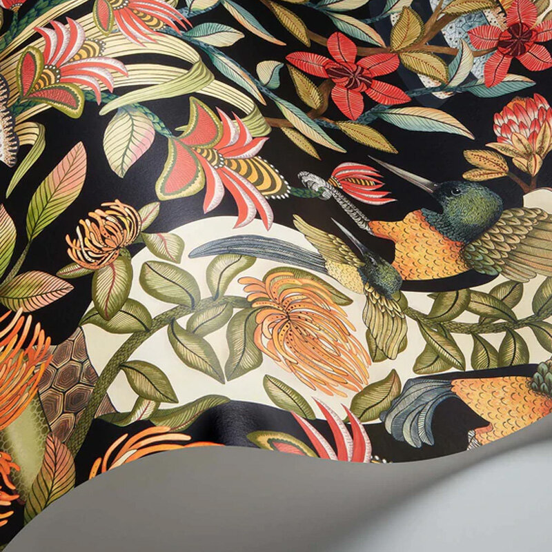 Protea Garden Wallpaper - Olive & Rouge on Black - by Cole & Son