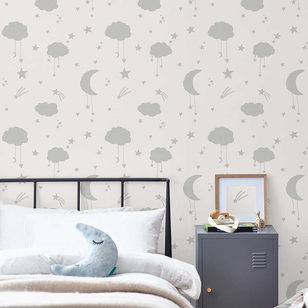 Moon & Stars Wallpaper - Grey - by Next
