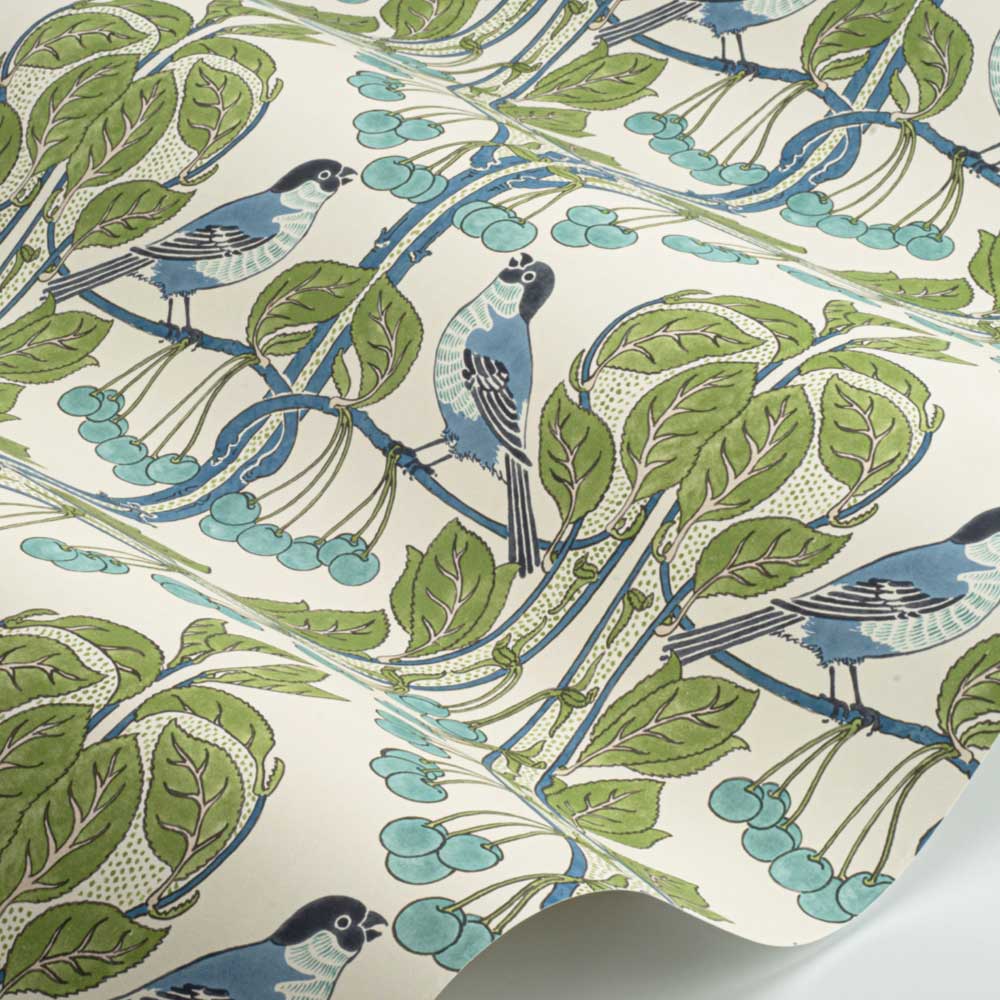 Birds & Cherries Wallpaper - Blue/Green - by G P & J Baker