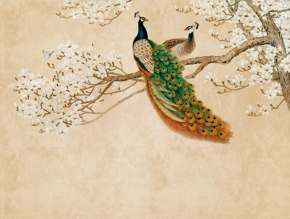 Golden Peacocks Mural - Brown - by Metropolitan Stories