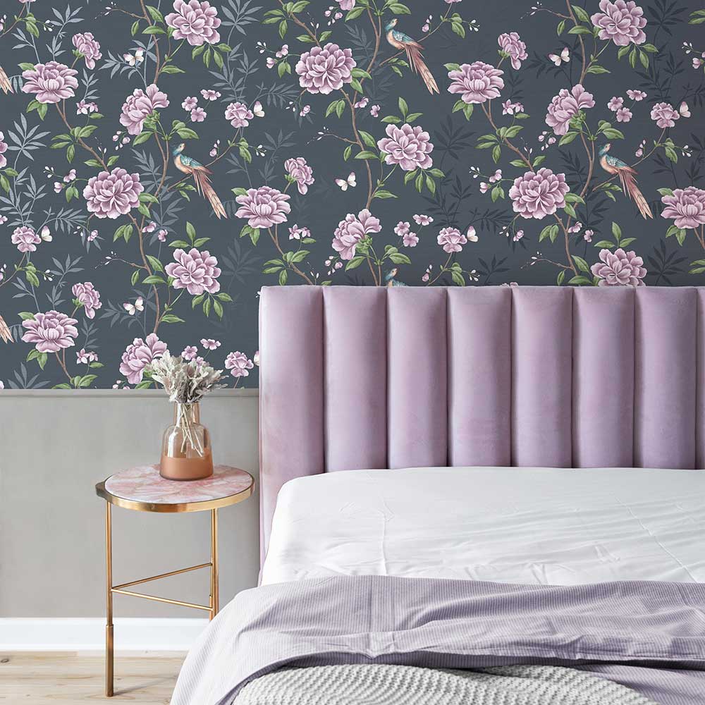 Akina Floral Wallpaper - Navy - by Albany
