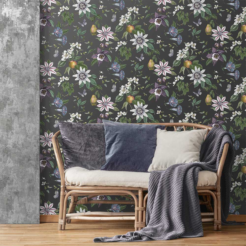 Sierra Floral Wallpaper - Black - by Albany