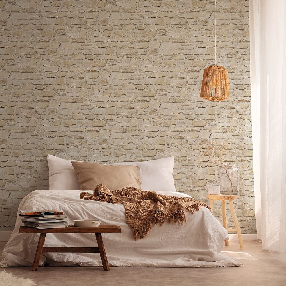 Stone Brick Wallpaper - Beige - by The Wall Cover