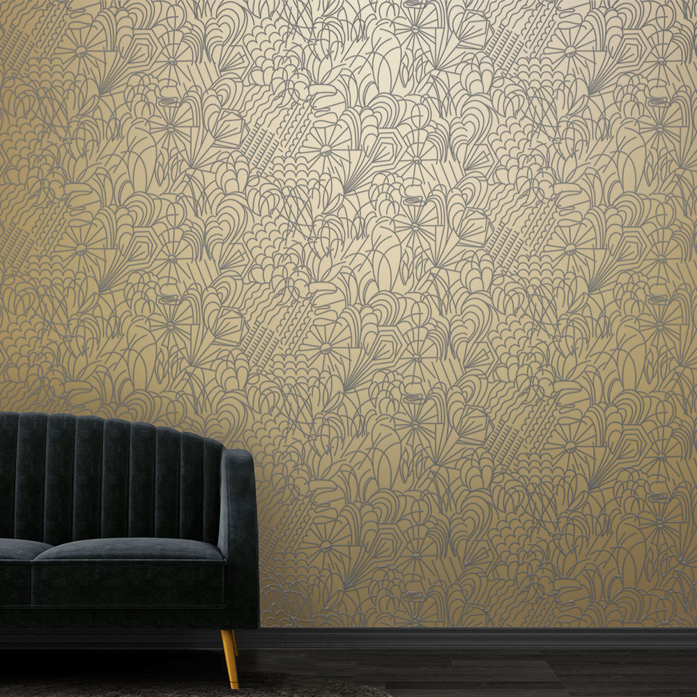 POP Wallpaper - Grey Flock / Gold Lustre - by Erica Wakerly