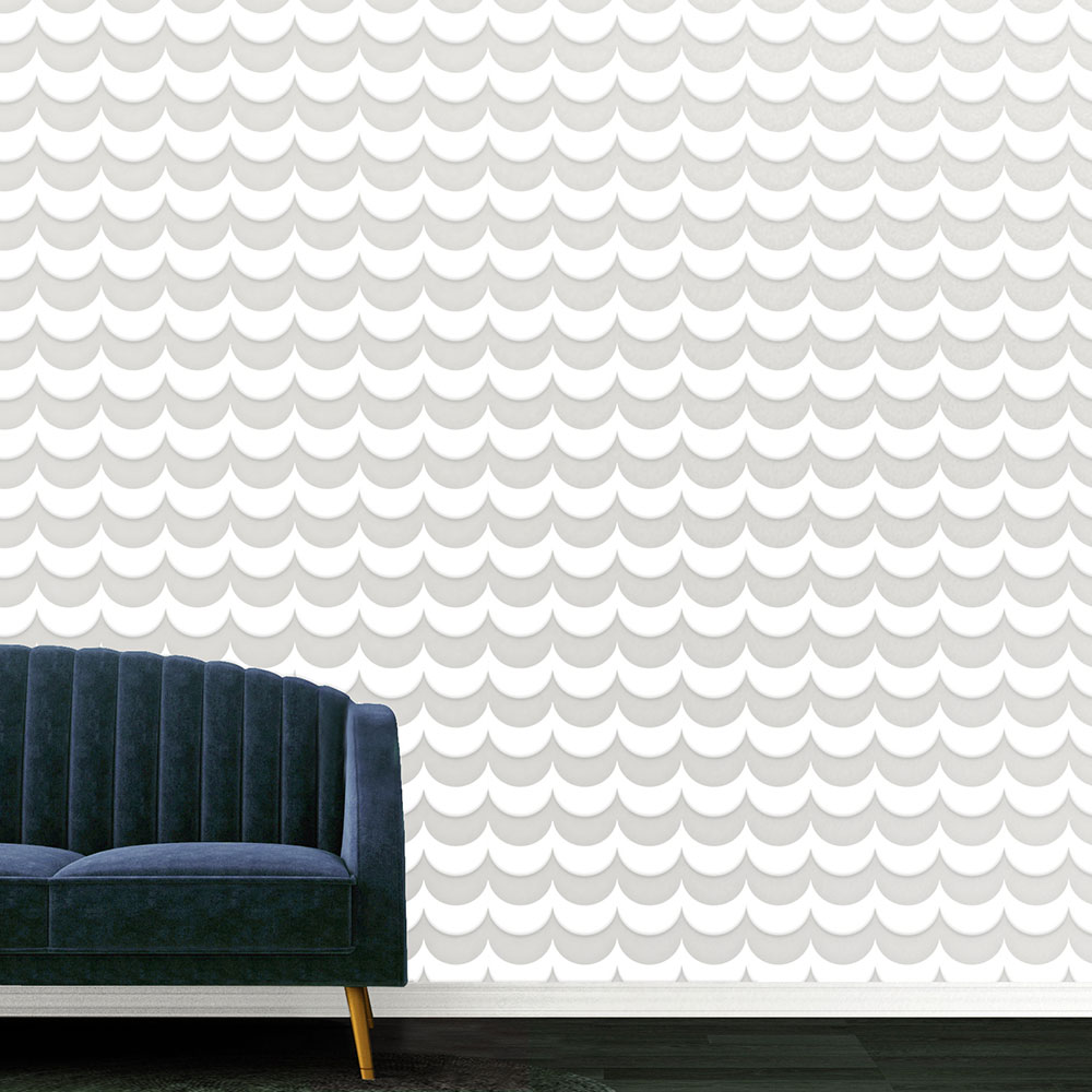 SCOOP Wallpaper - White Flock / Silver Lustre - by Erica Wakerly
