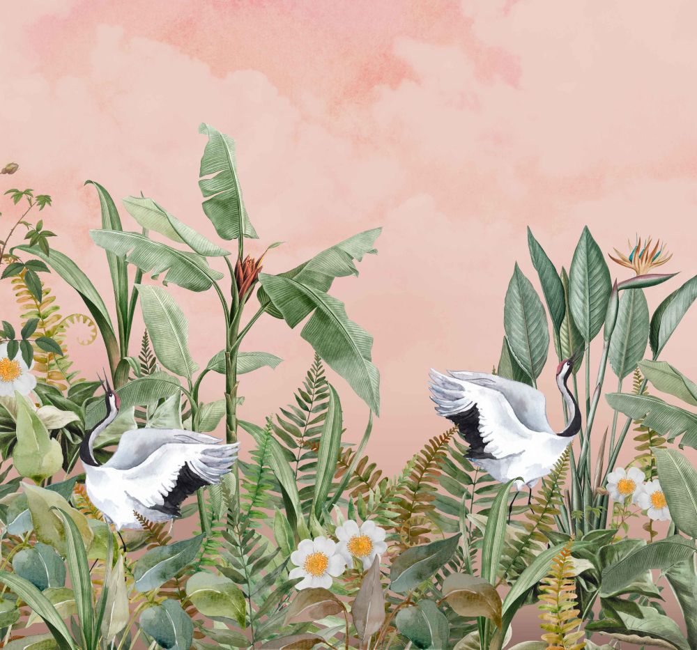 Dancing Crane Birds Mural - Multi - by Creative Lab