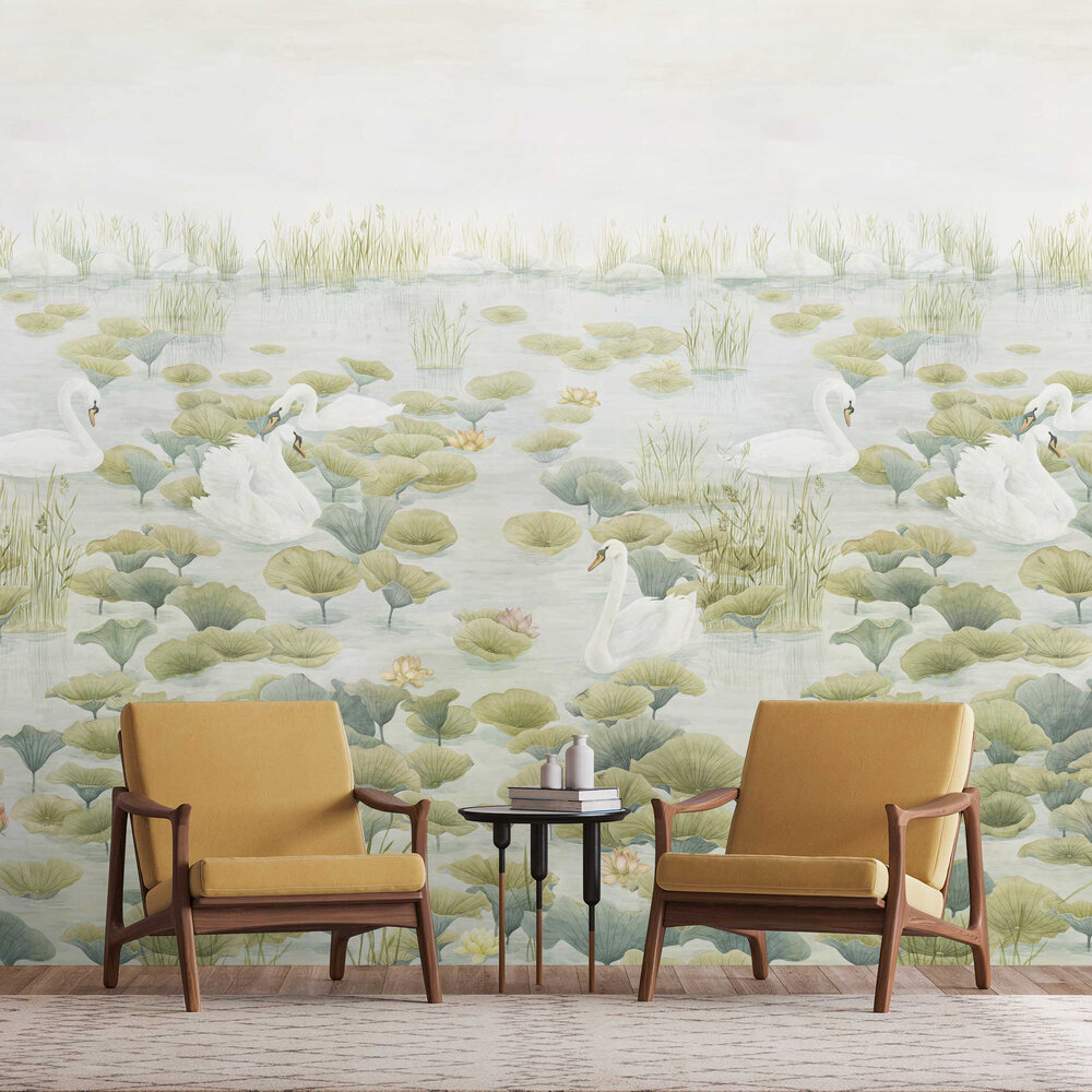 Classic Swan Lake Mural - Green - by Sian Zeng