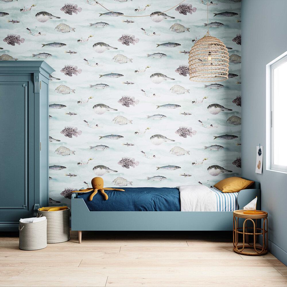 Classic Fish Wallpaper - Blue - by Sian Zeng