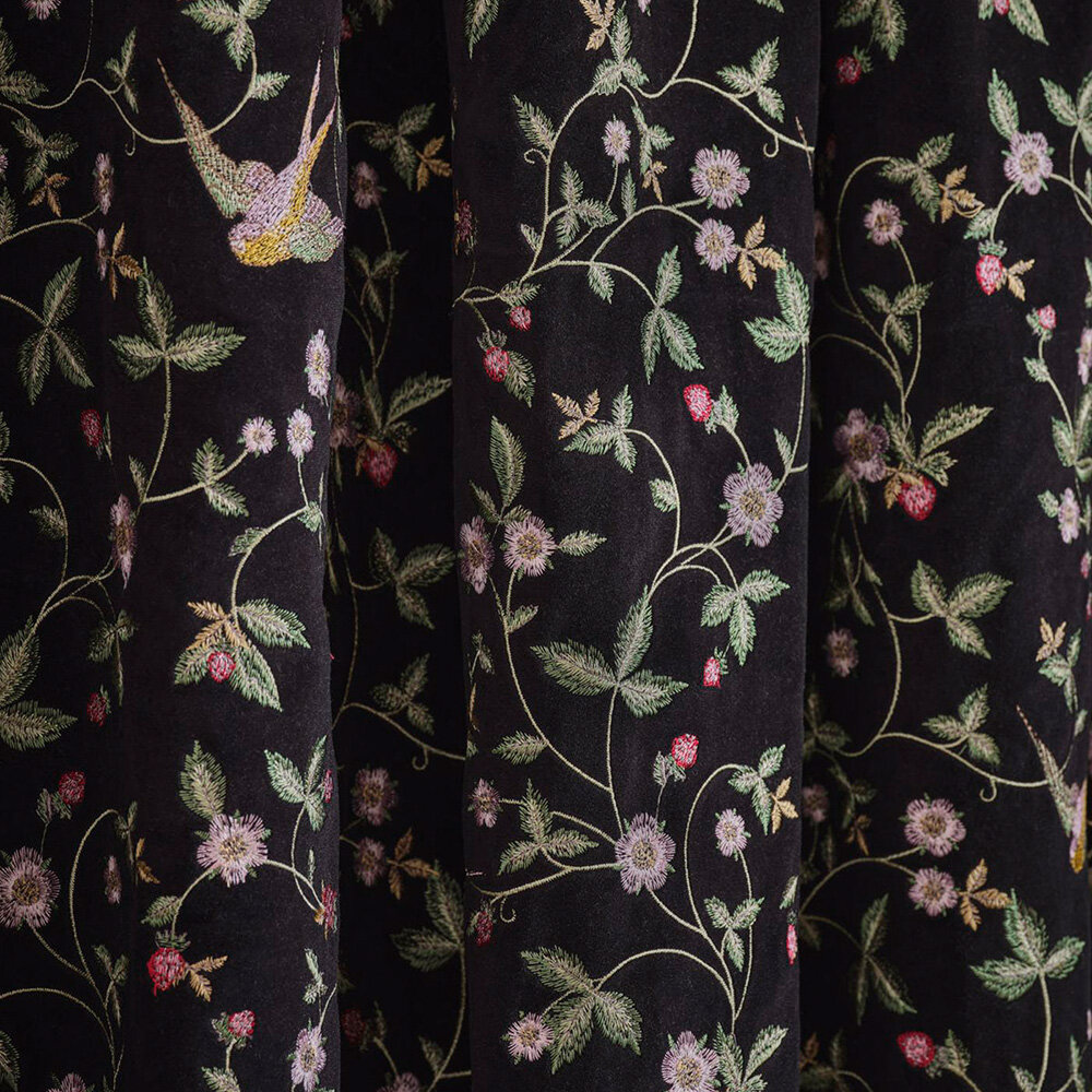 Wild Strawberry Embroidery Fabric - Noir - by Wedgwood by Clarke & Clarke